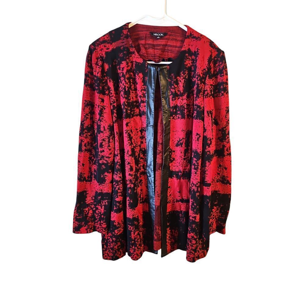 Misook cardigan blazer jacket sz large red black faux leather trim
